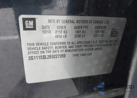 2014 Chevrolet Impala 1Lt из США, поврежденный, VIN 2G1115SL2E9227959